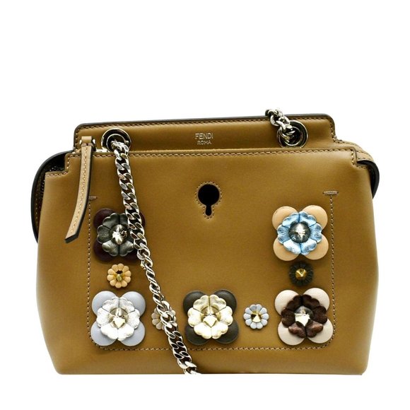 FENDI  DotCom Flower Embellished Leather Shoulder Bag Tan - Picture 1 of 15